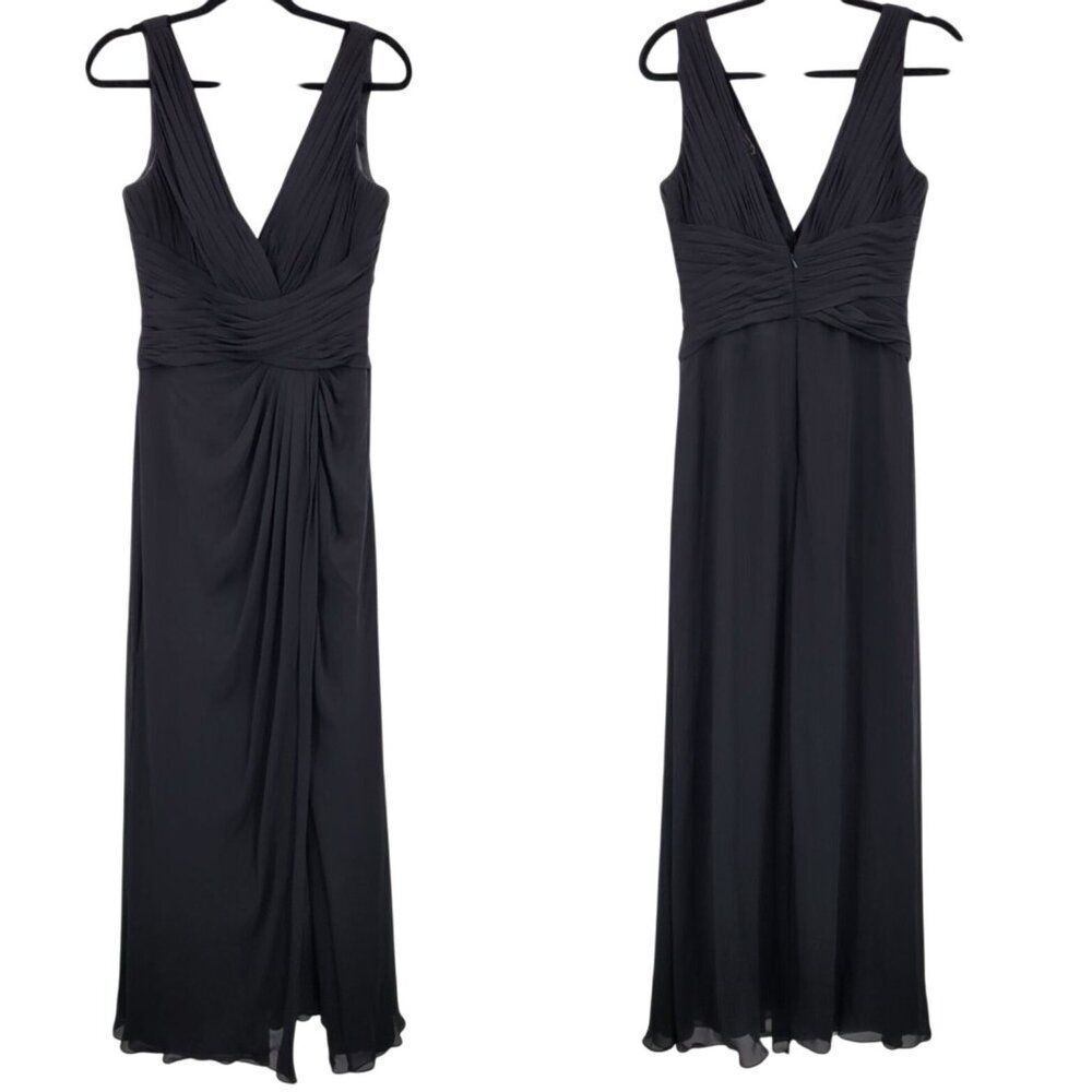 Vtg Black Pintuck Pleat V-Neck Sleeveless Formal Gown Sz 10 Front‎ Slit Cocktail